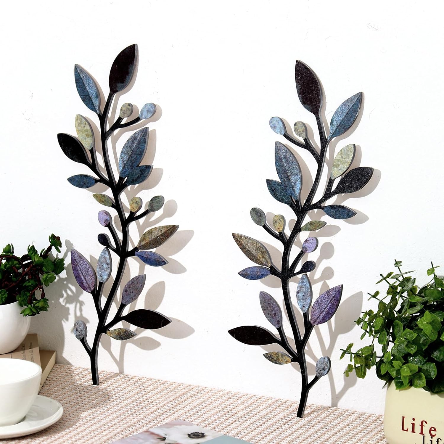 Zzbakress 2 Pcs Colorful Tree Leaf Wall Art Decor Vine Home Wall Decoration Olive Branch Leaf Wall Decor Large Wall Decor for Bedroom, Living Room, Wall Sculptures Indoor Outdoor (Classic)