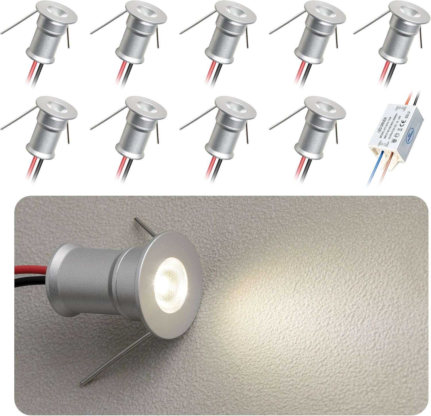 902 30°Led Mini Spotlight DC12V 1W,Suitable for bookcases,cabinets,and Various Display cabinets as Decorative Lights,Embedded Installation,Soft Lighting,with Power Supply (3000K,Silver,9Pack)