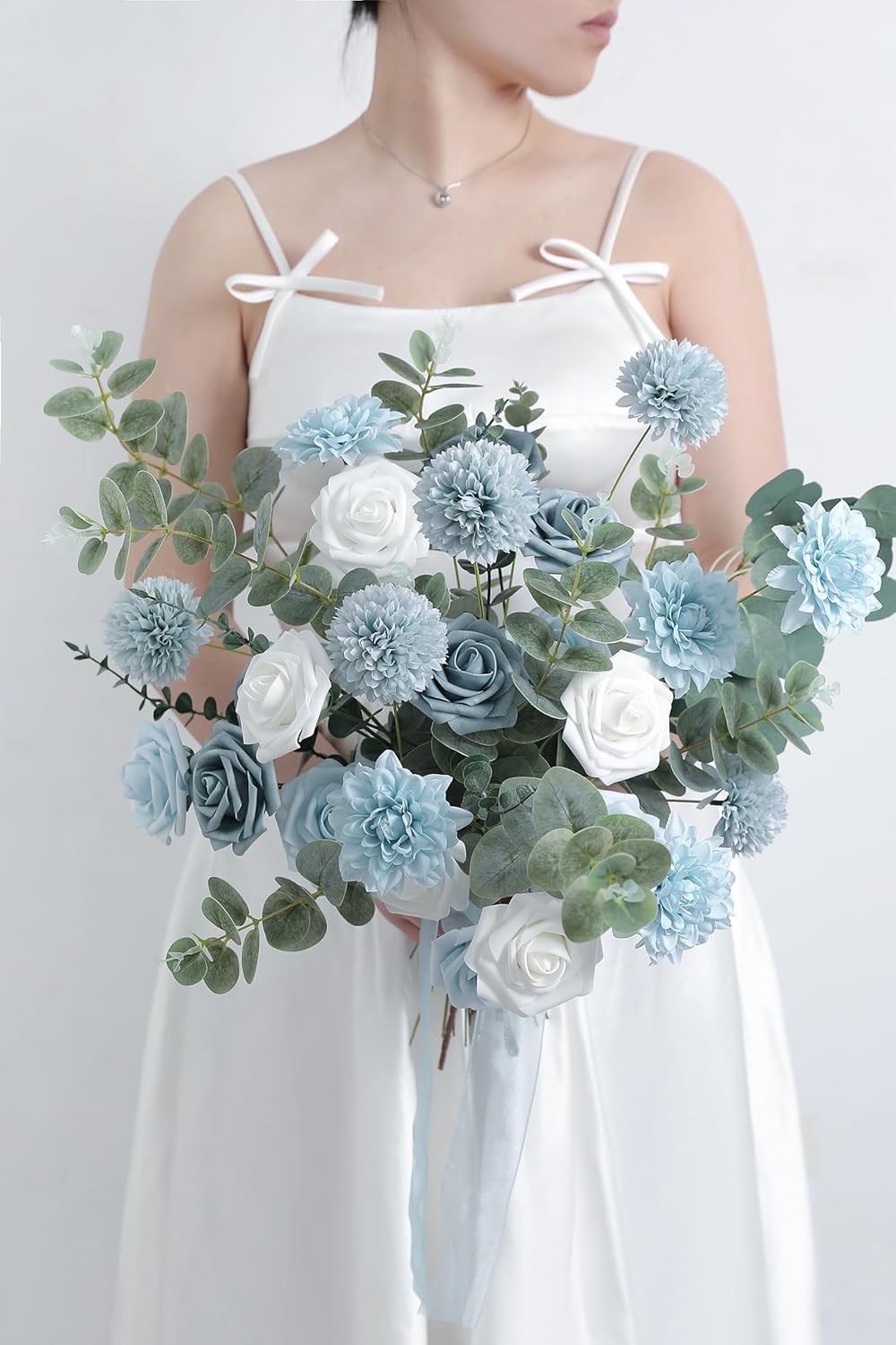 Artificial Flowers Combo Box Set Gradient Color Flower Leaf with Stems for DIY Wedding Bouquets Centerpieces Baby Shower Party Home Decorations(Dusty Blue)