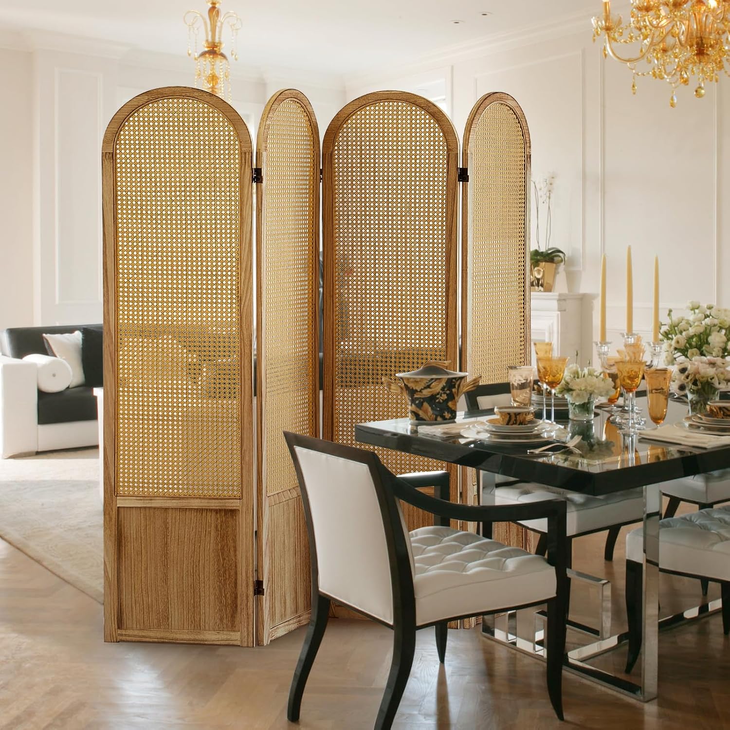 4 Panel Room Dividers and Folding Privacy Screens, Hand-Made Rattan Room Divider with Bi-Directional Hinge, Pre-Assembled Wood Room Divider Wall for Home Office Bedroom, Light Brown