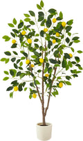 Artificial Lemon Tree, 5ft Tall Fake Lemon Silk Plant with White Planter, Faux Lemon Plastic Fruit Tree for Indoor Home Decor Office Garden