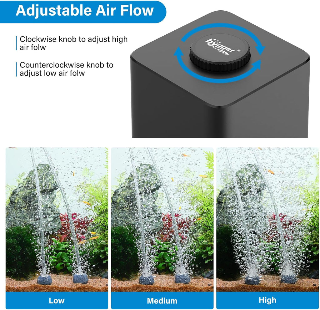 hygger Aquarium Air Pump, Quiet Adjustable Fish Tank Air Pump, 4W/7W/11W Powerful Oxygen Aerator Dual Stainless Steel Outlets with Air Stone Bubbler for Small Medium Large Fish Tank, Hydroponic