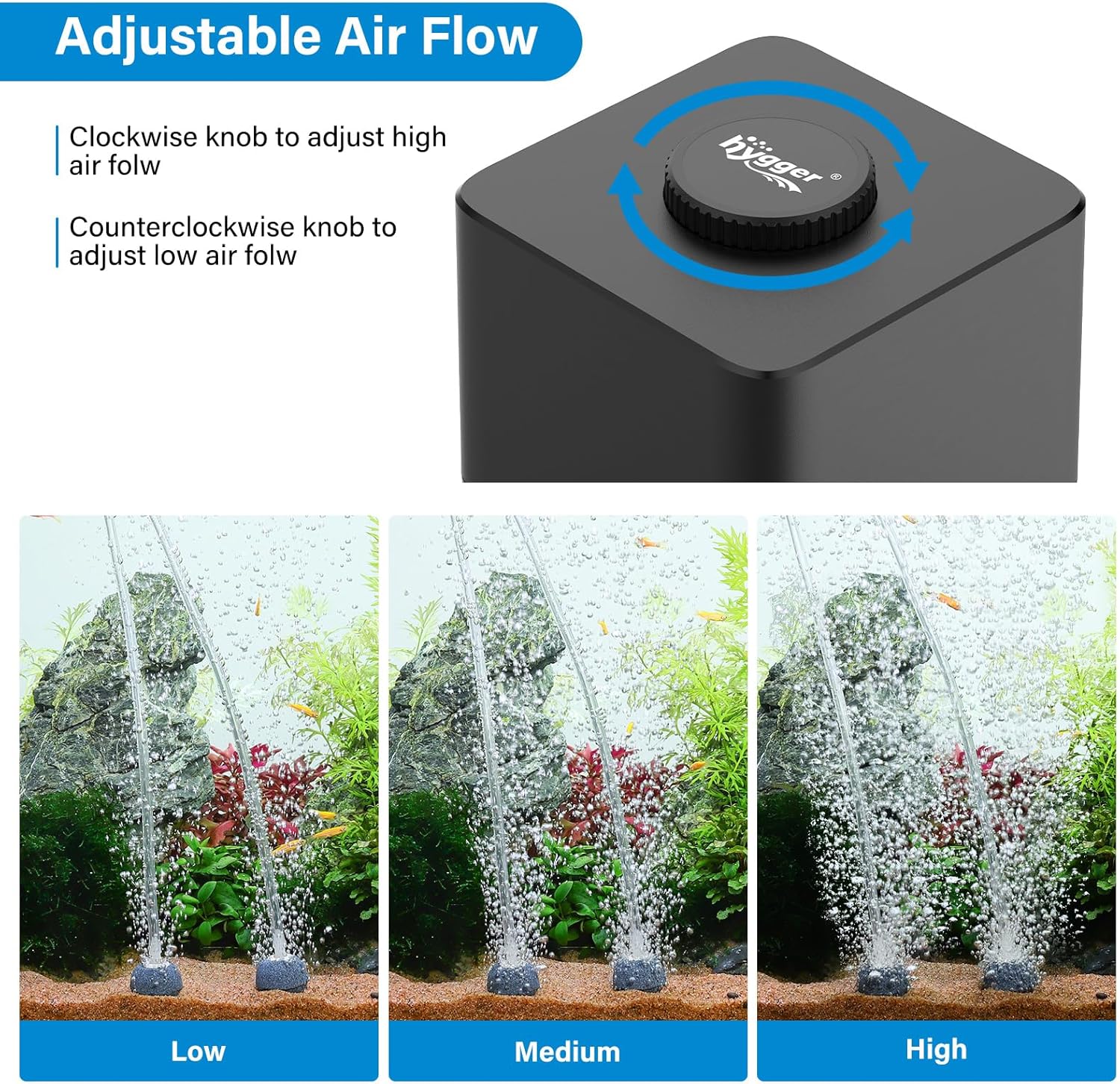 hygger Aquarium Air Pump, Quiet Adjustable Fish Tank Air Pump, 4W/7W/11W Powerful Oxygen Aerator Dual Stainless Steel Outlets with Air Stone Bubbler for Small Medium Large Fish Tank, Hydroponic