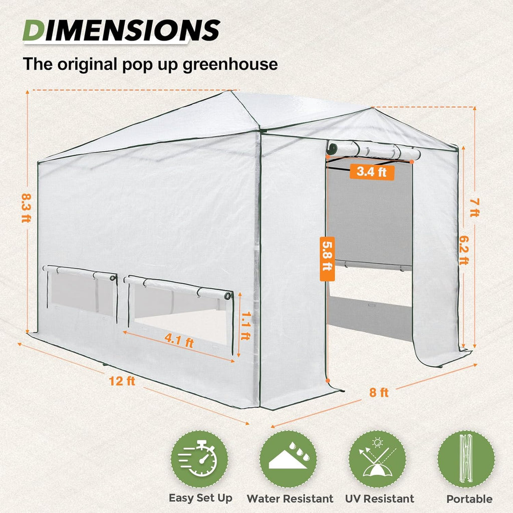 EAGLE PEAK Instant Pop-up Greenhouse, Indoor Outdoor Plant Gardening Green House, Roll-Up Zipper Doors and Side Windows & Winter Support Pole, Heavy Duty Walk in 12x8 ft, Woven PE Cover, White
