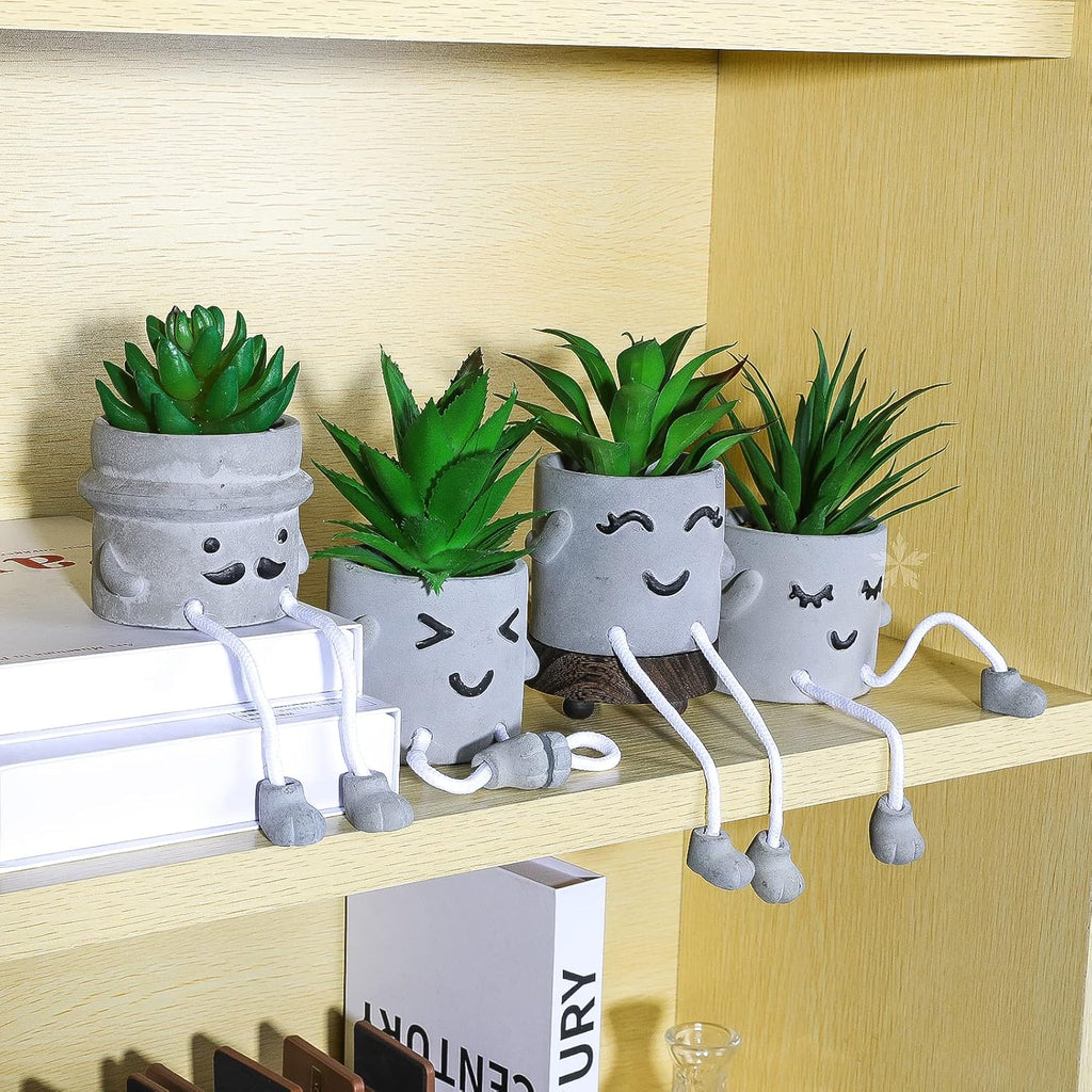 INFTYLE Creative Artificial Succulent Plants with Pots - 4 Pieces Mini Fake Plant Faux Succulent Emotional Cement Potted for Home Desk Shelf Kitchen Bathroom and Offices Decor Gift Set(4 PCS)