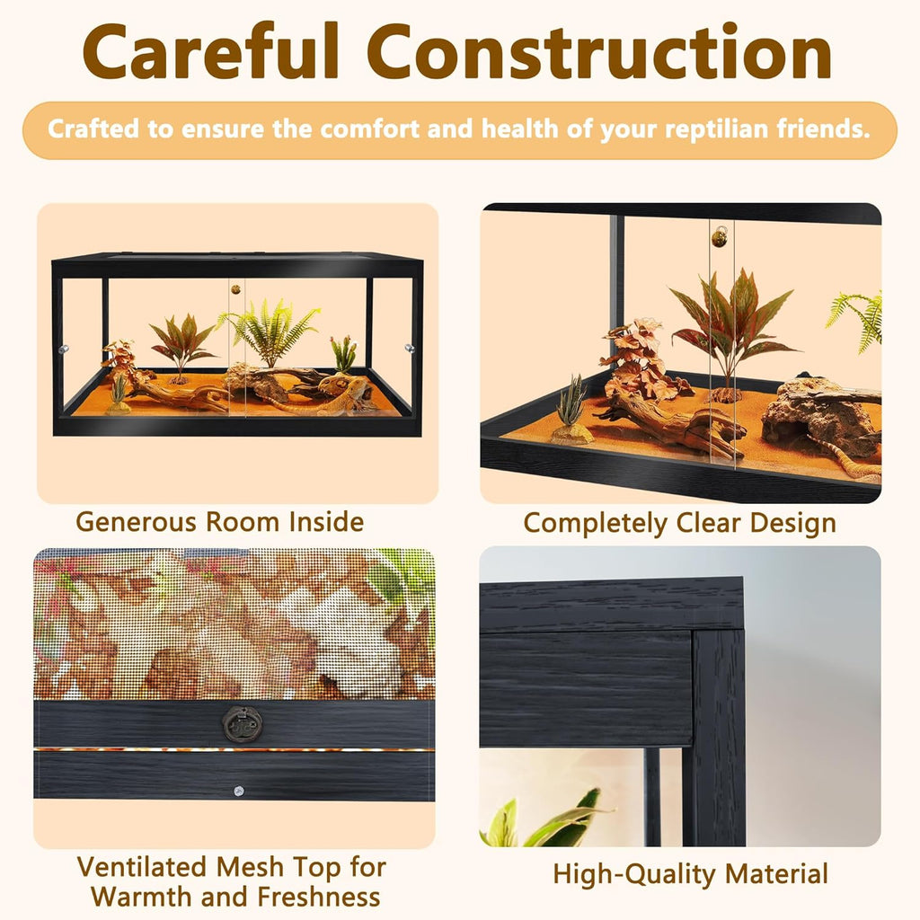 PROLEE Bearded Dragon Tank, Reptile Tank with Meatl Mesh Roof and Front Sliding Door, Lizard Tank,Spacious Reptile Enclosure for Snakes,Lguanas, Chameleons (Black, 27 Gallon Volume, 24 Inch Length)