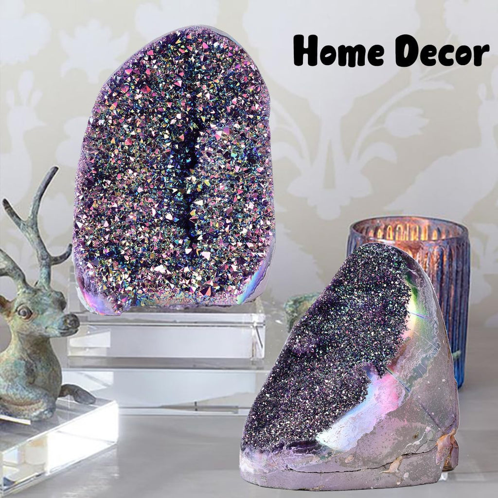 JIC Gem Rainbow Aura Titanium Coated Amethyst (2 lb to 3 lb) Crystal Cluster from Brazil Quartz Geode Gemstone Home Decor