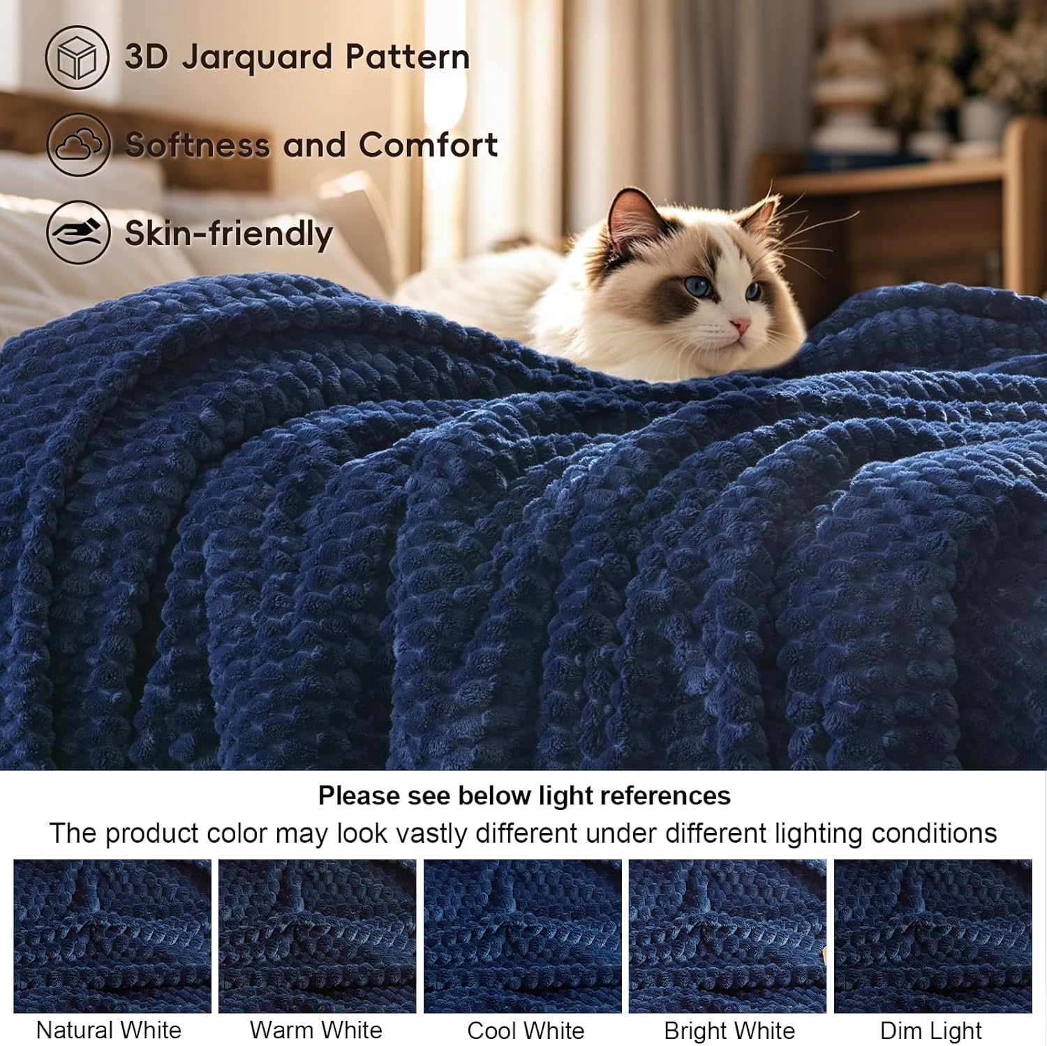 PHF Ultra Soft Flannel Fleece Throw Blanket, Lightweight 3D Jacquard Fleece Blanket, No Shedding, No Pilling, Luxury 340GSM Aesthetic Fluffy Cozy Throws for Couch Room Decor, 50"x60", Navy Blue