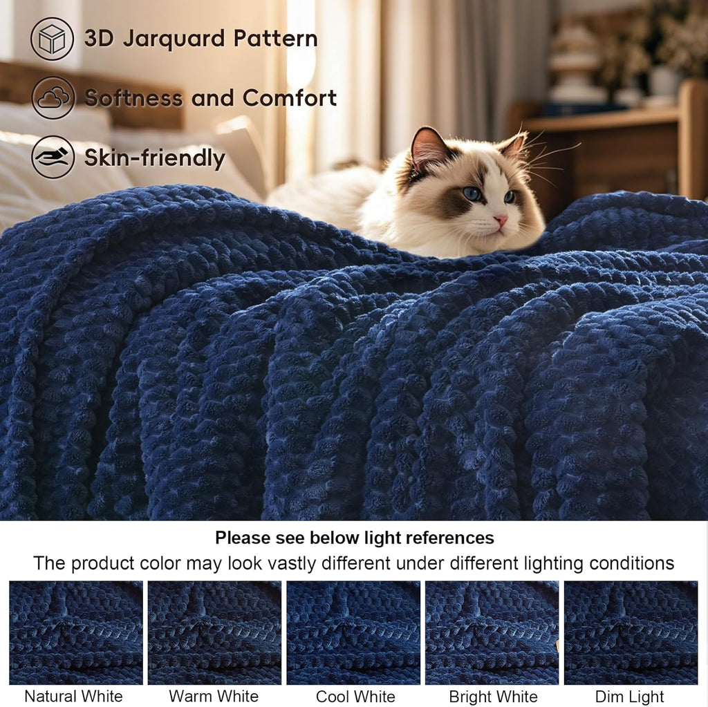 PHF Ultra Soft Flannel Fleece Blanket Twin Size, Lightweight 3D Jacquard Fleece Blanket, No Shedding, No Pilling, Luxury 340GSM Aesthetic Fluffy Cozy Bedding for Bed Room Decor, 66"x90", Navy Blue