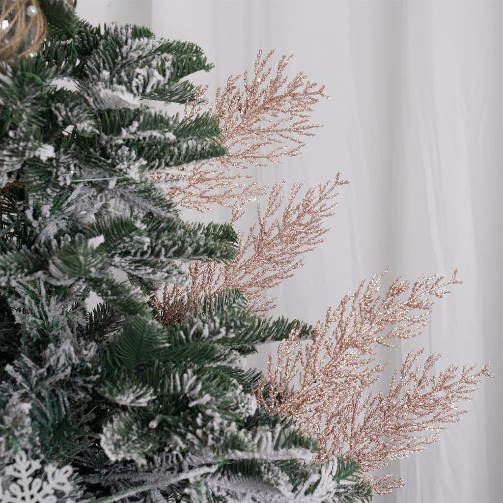Christmas Glitter Twig 24pcs Artificial Pine Tree Picks for Christmas Tree Ornaments fillers, DIY Xmas Wreath, Crafts, Garland, Holiday, Party, Wedding and Home Decoration (Rose Gold)