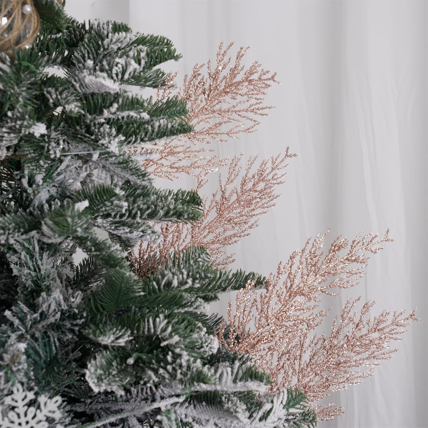 Christmas Glitter Twig 24pcs Artificial Pine Tree Picks for Christmas Tree Ornaments fillers, DIY Xmas Wreath, Crafts, Garland, Holiday, Party, Wedding and Home Decoration (Rose Gold)