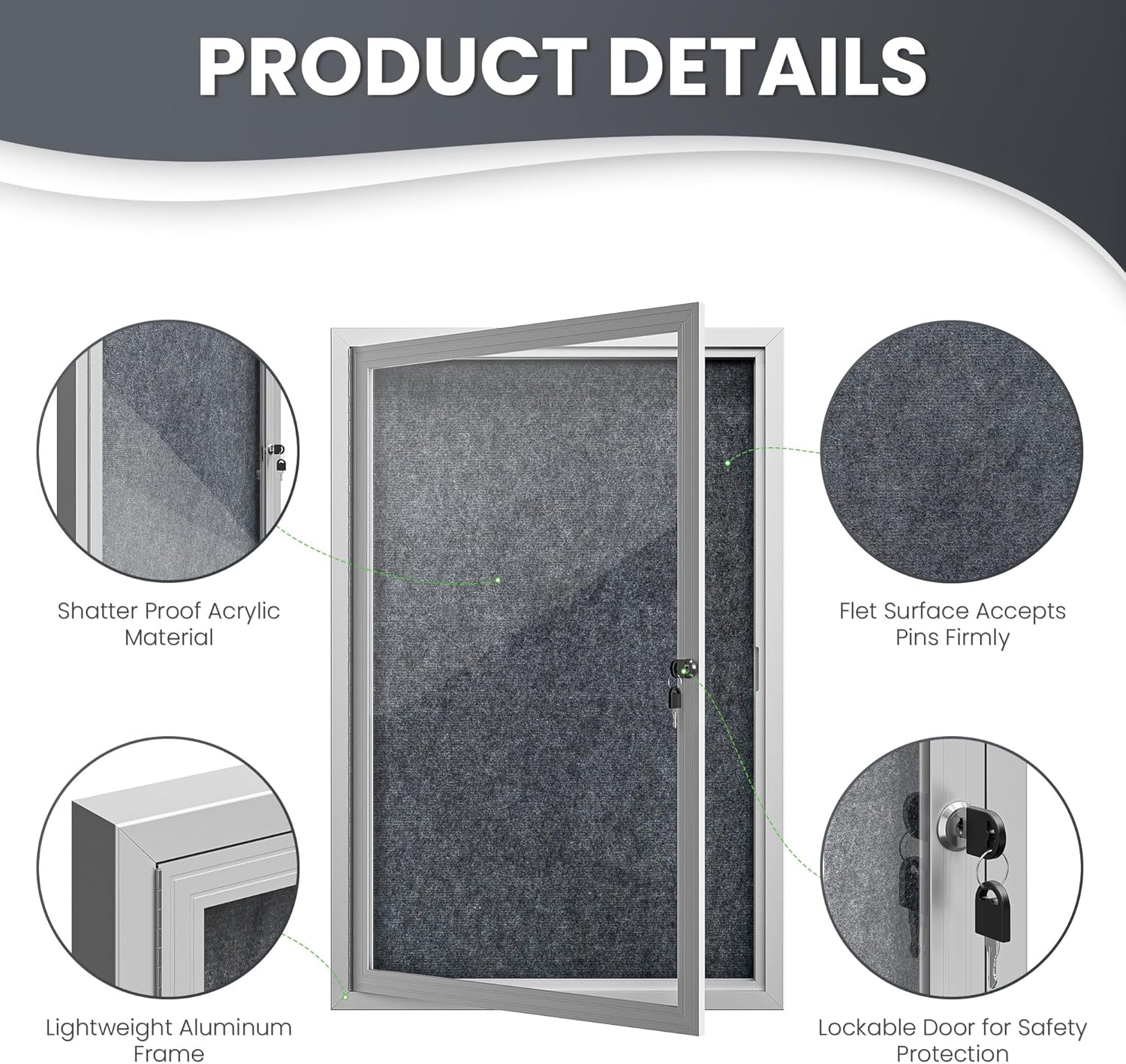 36"x24" Lockable Enclosed Bulletin Board, Outdoor Flet Weather-Resistant Aluminum Frame Notice Board, Wall Mounted Display Case Acrylic Doors for School,Office,Silver Frame w/Grey Flet