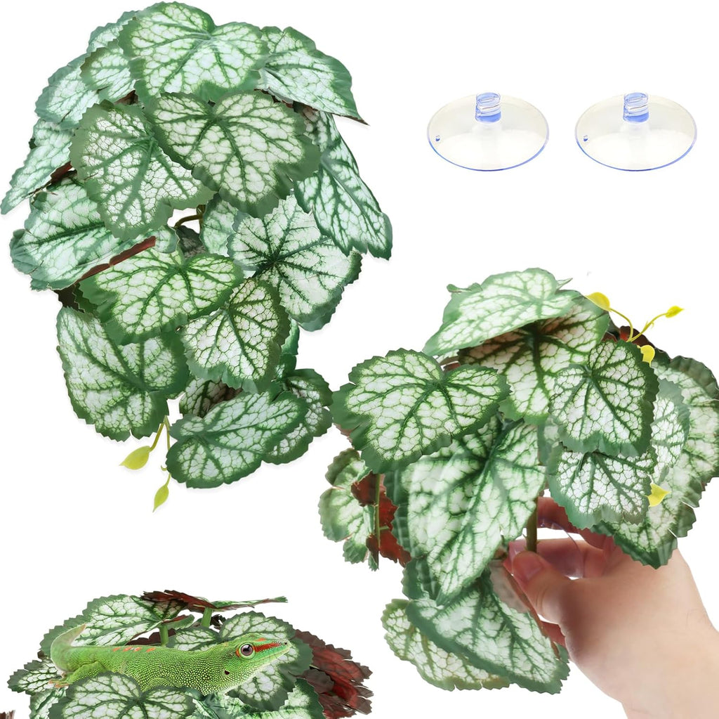 2 Pack Reptile Plants for Terrarium, Artificial Leaves Habitat Decorations with Suction Cups, Terrarium Hanging Plants Vines for Bearded Dragons Lizards Snake Geckos Frogs - Green