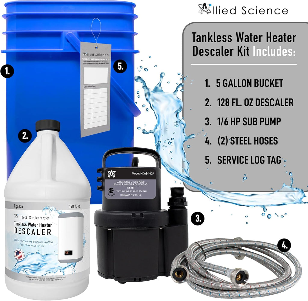 Tankless Water Heater Flushing Kit with Square 5-Gallon Bucket, Steel Hoses, 1/6 HP Pump, and Gallon Eco-Friendly Descaler