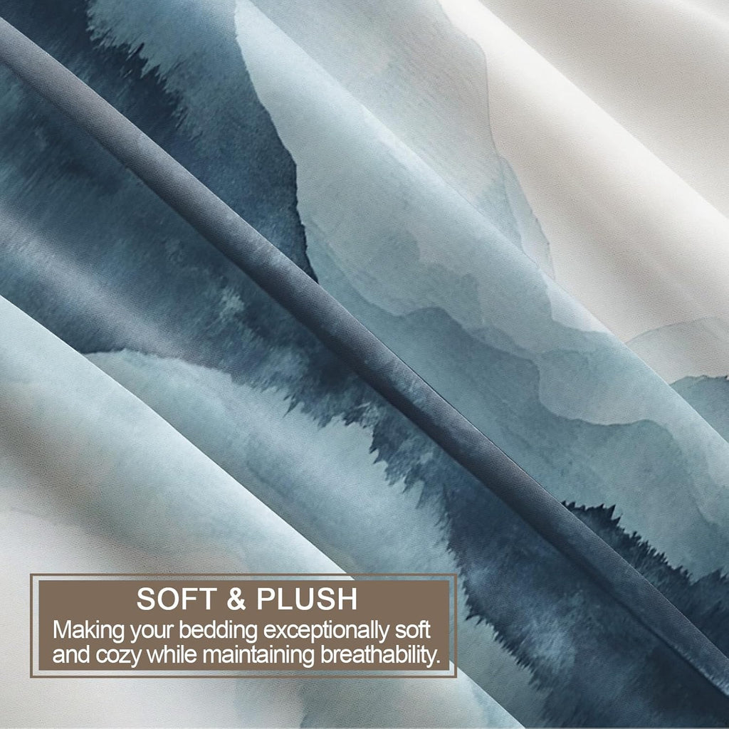 Misty Mountain Duvet Cover Twin Size, Foggy Forest Bedding Set 2 Piece Kids and Adults Teal Ink Landscape Comforter Cover and 1 Pillow Sham with Zipper Closure