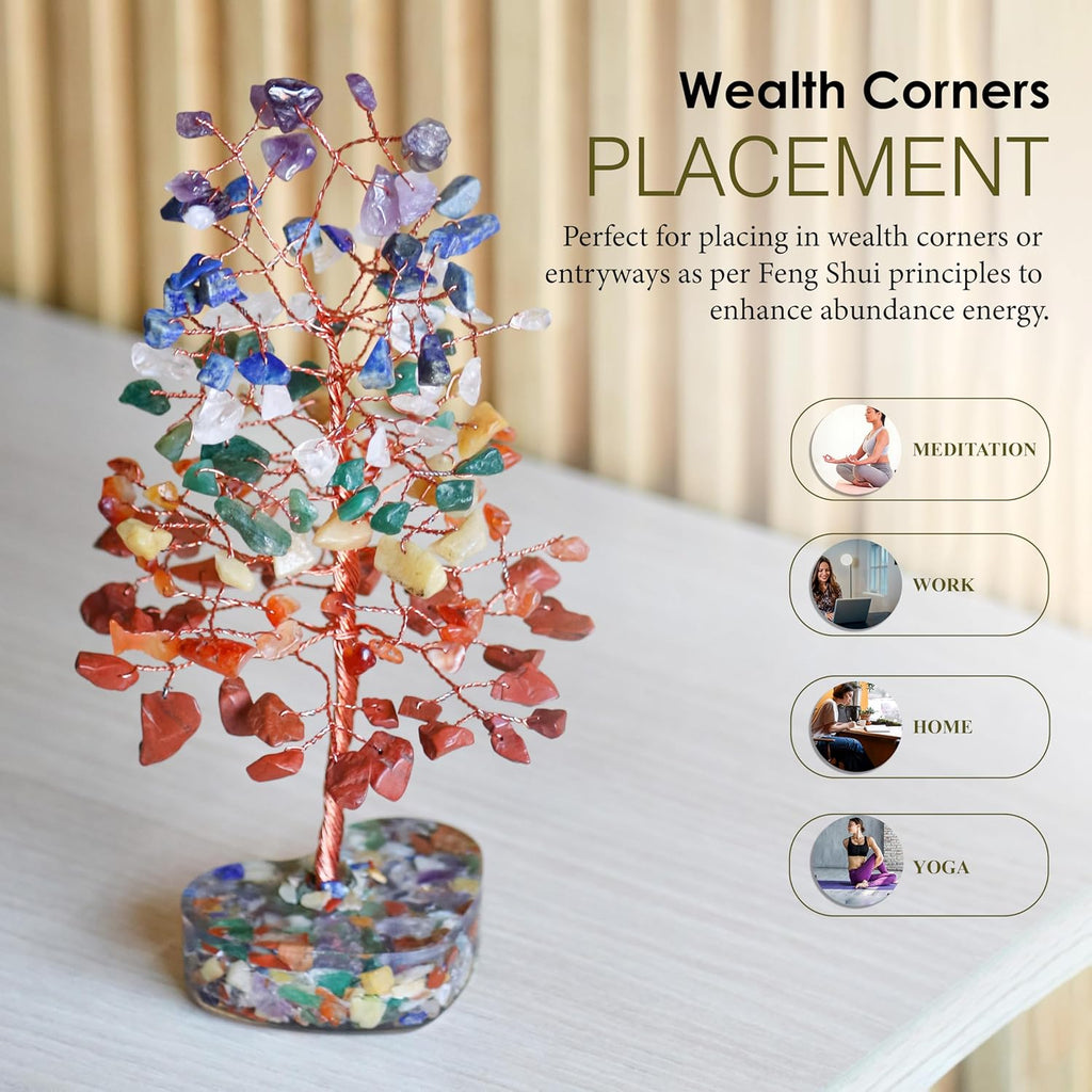 Crocon Crystals Heart Shape Base Tree 7 Chakra Healing Stones Reiki Crystals Spiritual Positive Energy Home Room Office Desk Decor Pink Gifts for Women Men & Mom Birthday Presents Unique