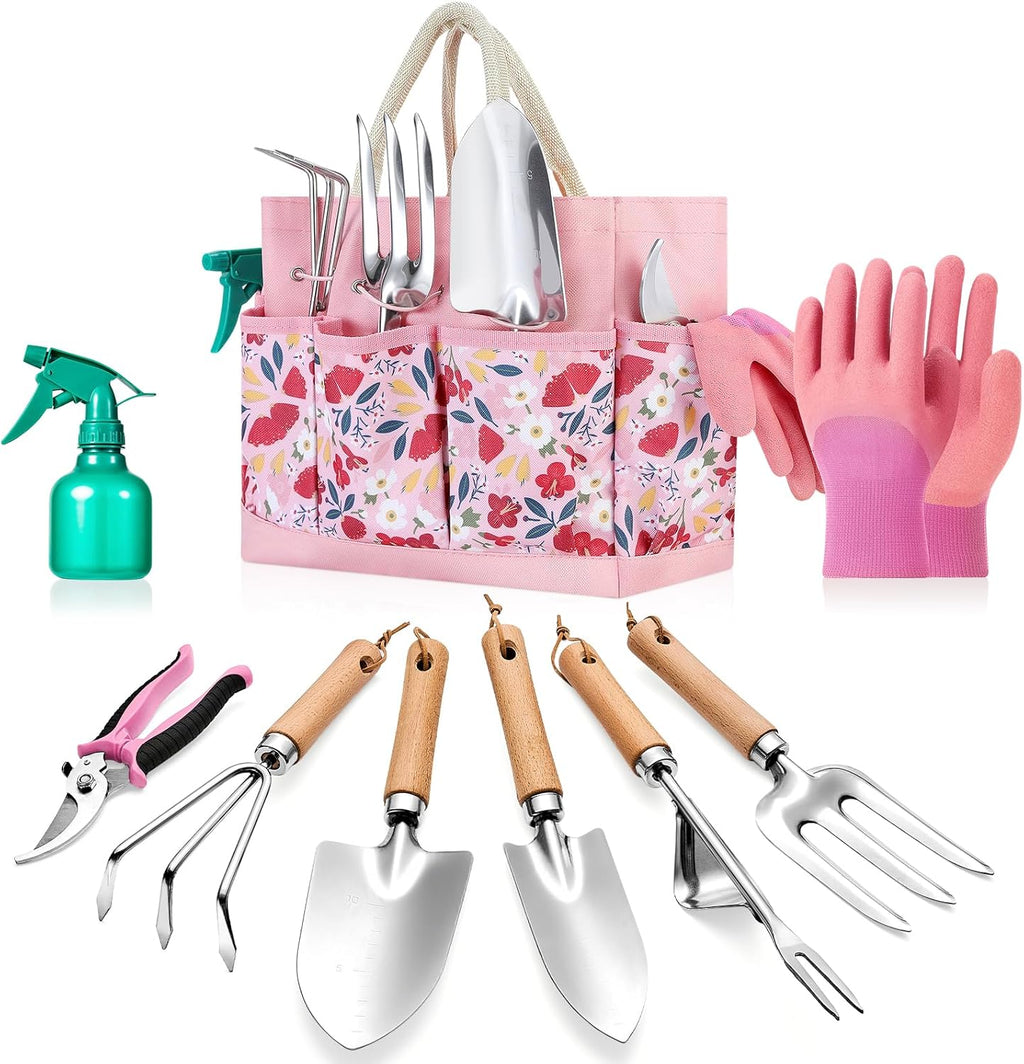 9-Piece Gardening Tools Set - Complete Gardening Kit with Heavy-Duty Stainless Hand Tools, Durable Storage Bag with Garden Accessories, Ideal Gardening Gifts for Women, Men, Gardeners - Pink