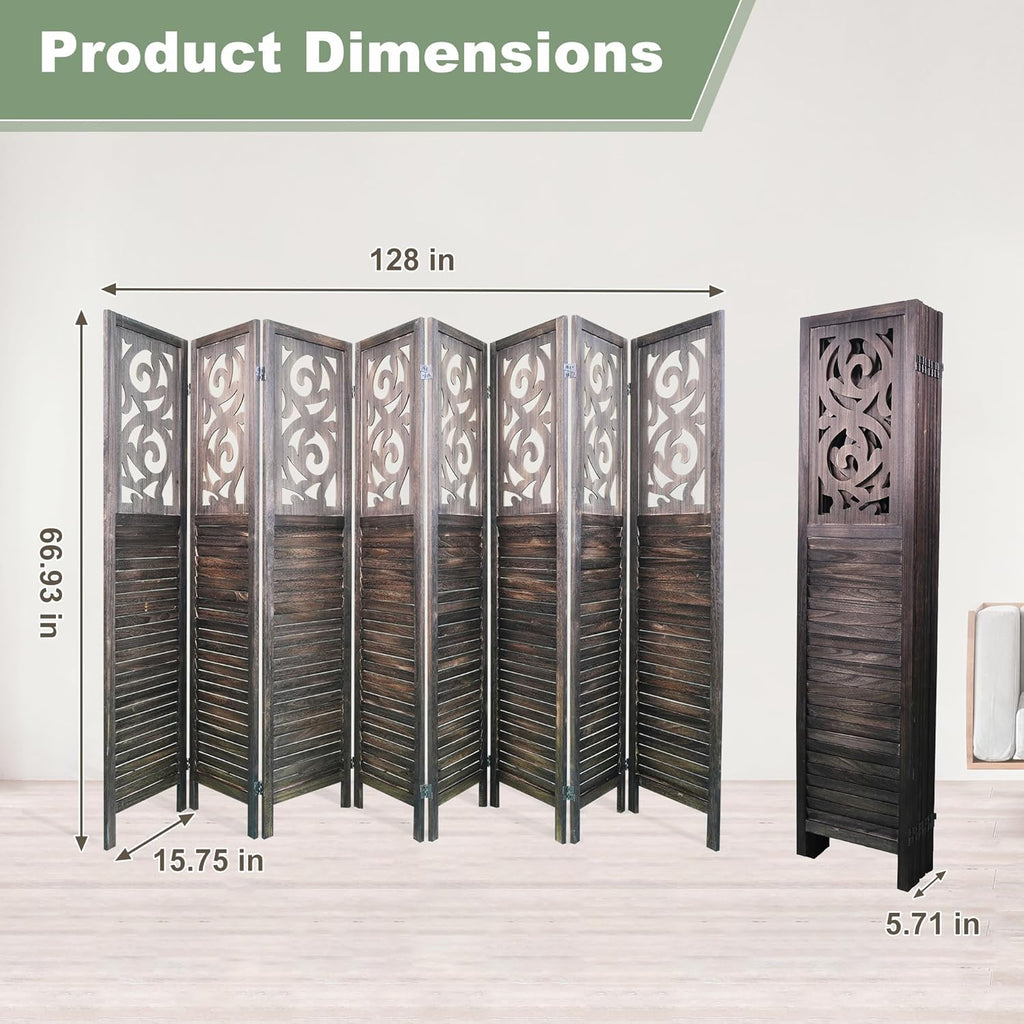 8 Panel Room Dividers 6FT Wall Divider Carved Wood Room Separator Folding Privacy Screens Cutout Design Foldable Partition Wall for Office Restaurant, Studio Apartment, Rustic Brown