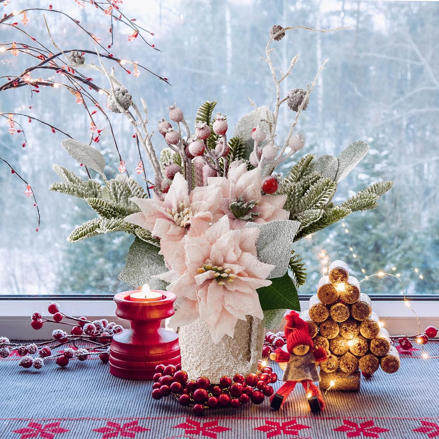 Artificial Poinsettias Christmas Flowers with Red Berry Pine Cone Branches Linen Base,12” Faux Poinsettias Plants for Home Office Table Fireplace Winter Indoor Christmas Decorations Pink