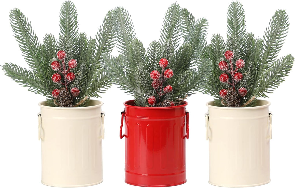 Christmas Centerpieces for Tables, 3 Pack Mini Christmas Artificial Pine Tree with Berries in Metal Pots, Farmhouse Winter Tabletop Xmas Decorations for Home, Mantel Red