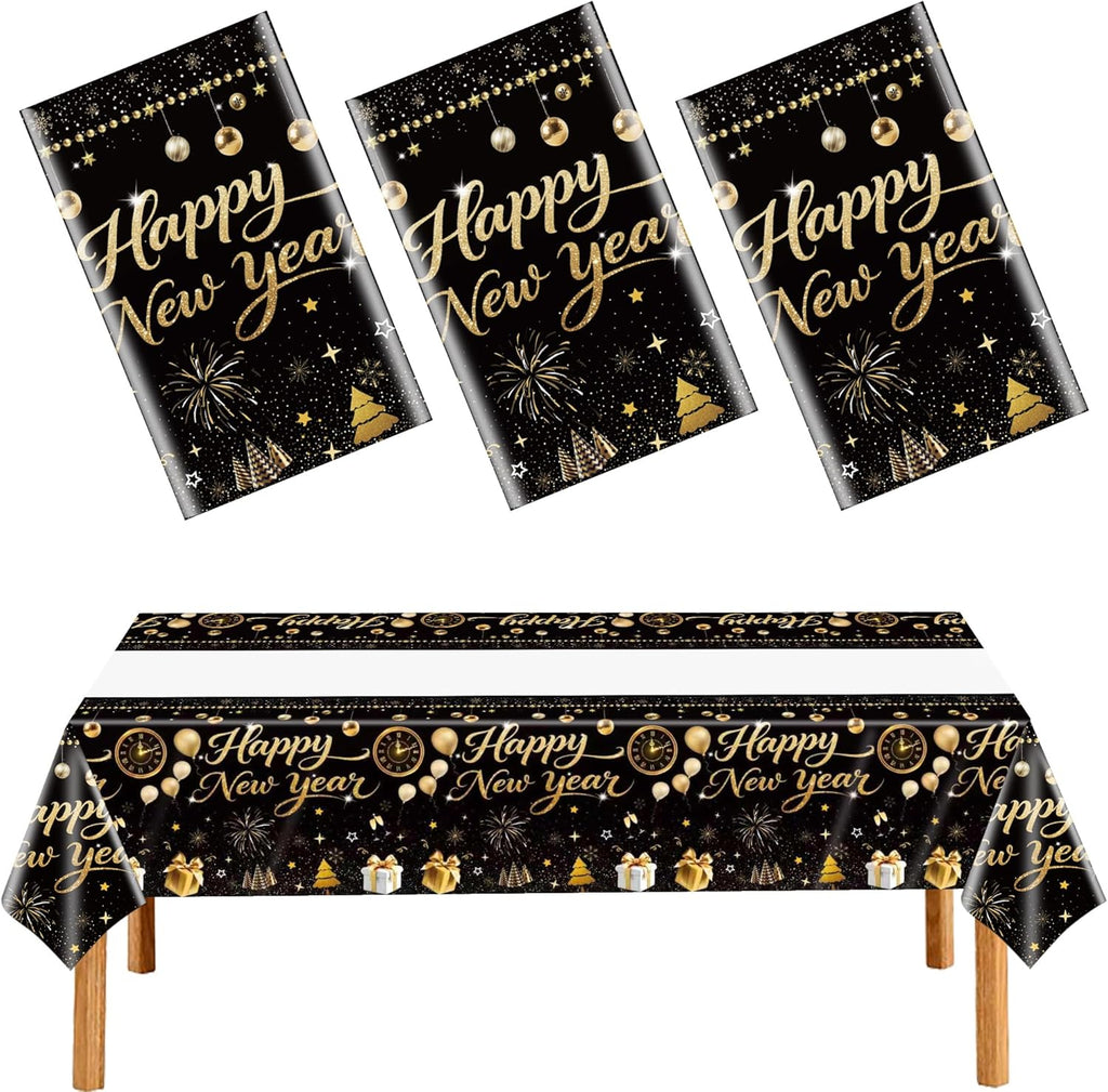 3 Pieces Happy New Year Tablecloths Plastic Disposable Table Covers for Happy New Year Party Theme Decorations Supplies 54 x 108 Inch