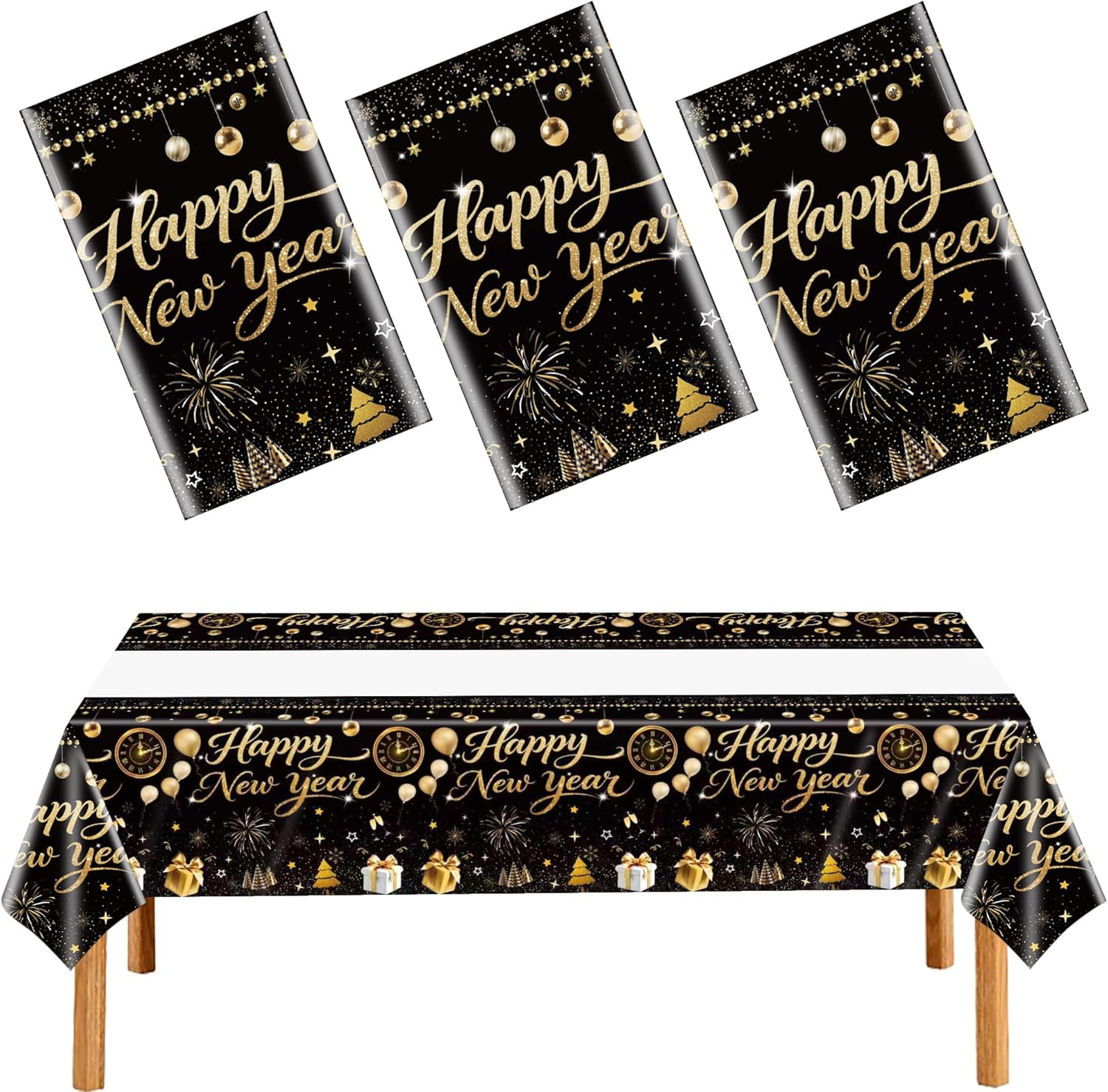 3 Pieces Happy New Year Tablecloths Plastic Disposable Table Covers for Happy New Year Party Theme Decorations Supplies 54 x 108 Inch