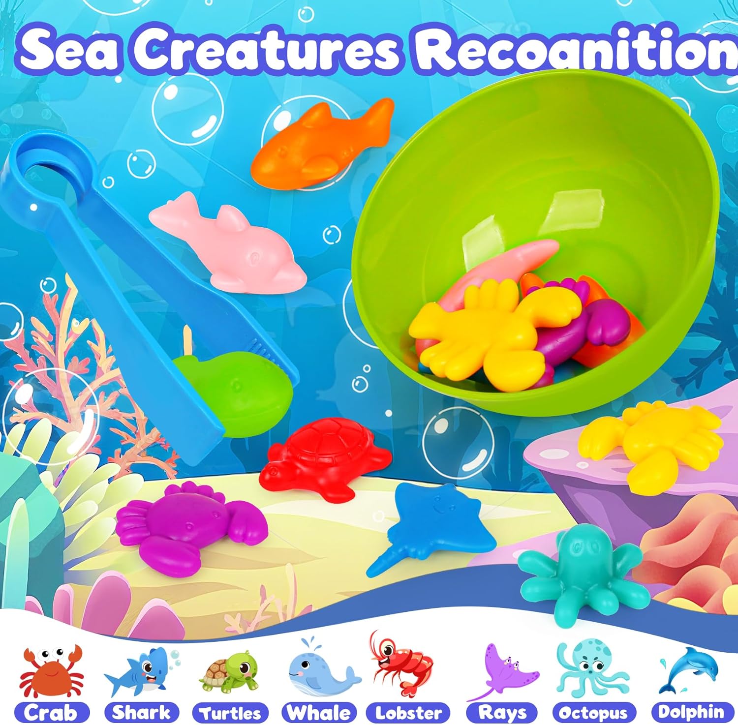 Sorting Colors Sea Animals Counting Toys with Matching Sorting Cups and Game Dices, Color Classification and Sensory Training Preschool Educational Learning Toys for Toddlers Kids Girls Boys Ages 3+