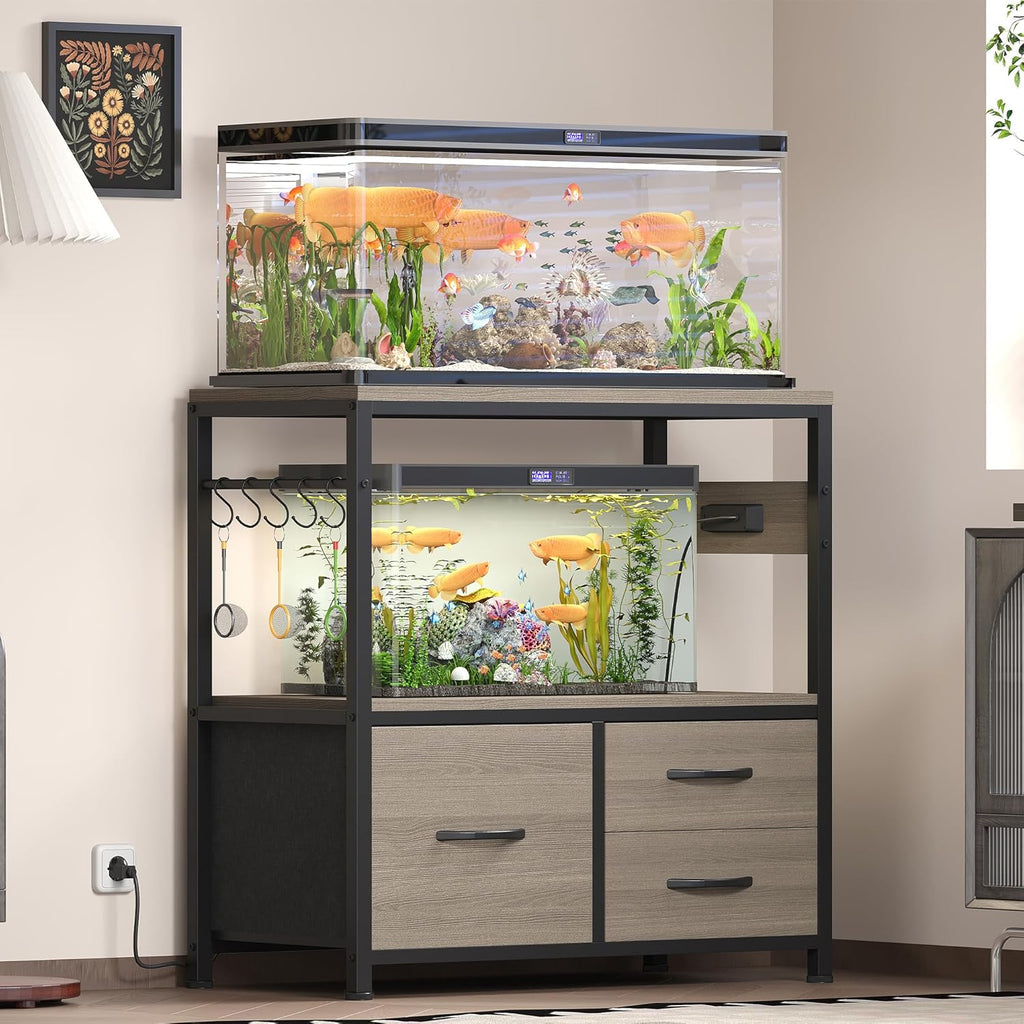 Heybly 20-29 Gallon Fish Tank Stand, Aquarium Stand with Drawer, Power Outlet, Heavy Duty Metal Frame, for Fish Tank, Turtle & Reptile Terrarium, 31.5" x 15.7" Top, 330lbs, Rustic Gray HAS001SG