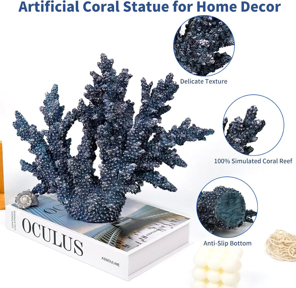 Coral Reef Beach Decor,11'' High x 13.5'' Width Artificial Resin Coral Reef Statue for Ocean Coastal Beach Nautical Themed Room Bathroom Decor for Home,1007B,Blue