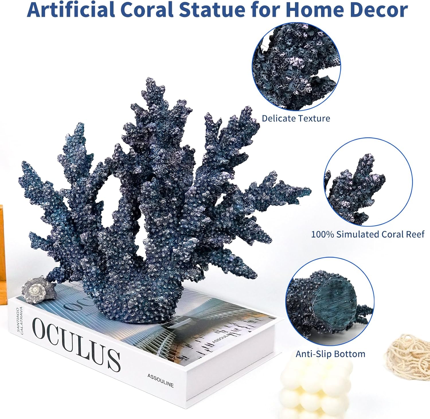 Coral Reef Beach Decor,11'' High x 13.5'' Width Artificial Resin Coral Reef Statue for Ocean Coastal Beach Nautical Themed Room Bathroom Decor for Home,1007B,Blue