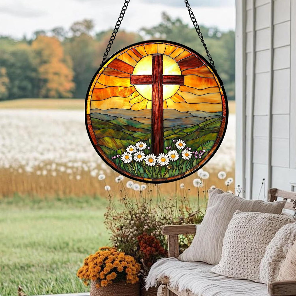 Christian Gifts for Women - Cross Stained Glass Window Hanging Easter Daisy Natural Landscape Sun Catcher Garden Religion Decor Mother's Day Catholic Gift for Men Grandma Mom Her Nana 15"