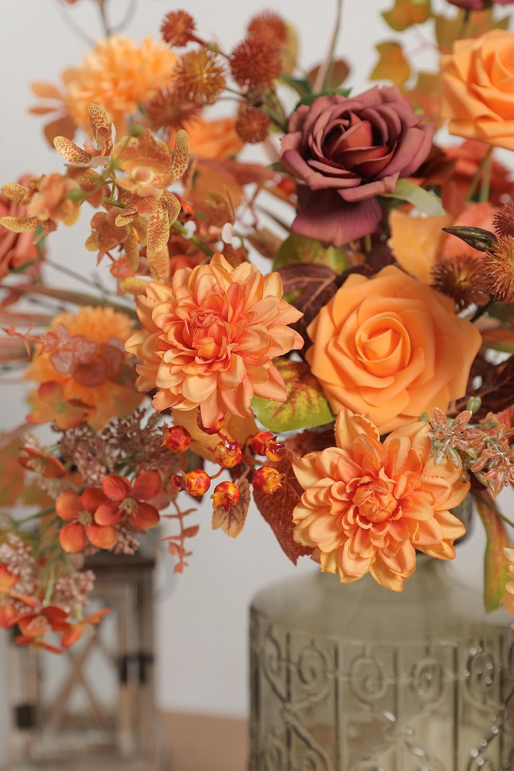 Fall Orange Artificial Flowers Combo Box Set Gradient Color Flower Leaf with Stems for DIY Wedding Bouquets Centerpieces Baby Shower Party Home Decorations