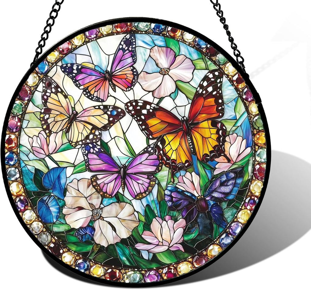 Stained Glass Window Hanging, Colorful Butterfly Suncatcher for Doors Home Sun Catchers Decoration and Christmas, Mother's Day Birthday Gifts for Women, Men, and Mom 9.8 in