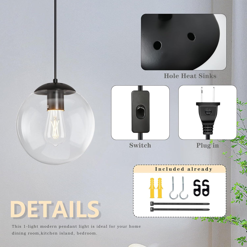 KoKo&Yukina 10" Globe Pendant Light Black Plug in Pendant Light Adjustable Hanging Lights with Plug in Cord Matte Black Finished with Clear Glass Lampshade for Bedroom Kitchen Island（Bulb Included）