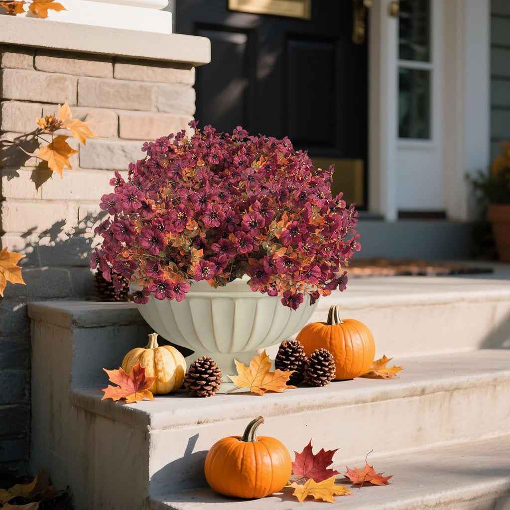Artificial Fall Flowers Faux Mums for Outdoor Indoor Garden Home Decoration, Faux Flower Daisy with Eucalyptus Leaves Fake Mums Plants Greenery Boxwood Porch Patio, 12 Bundles