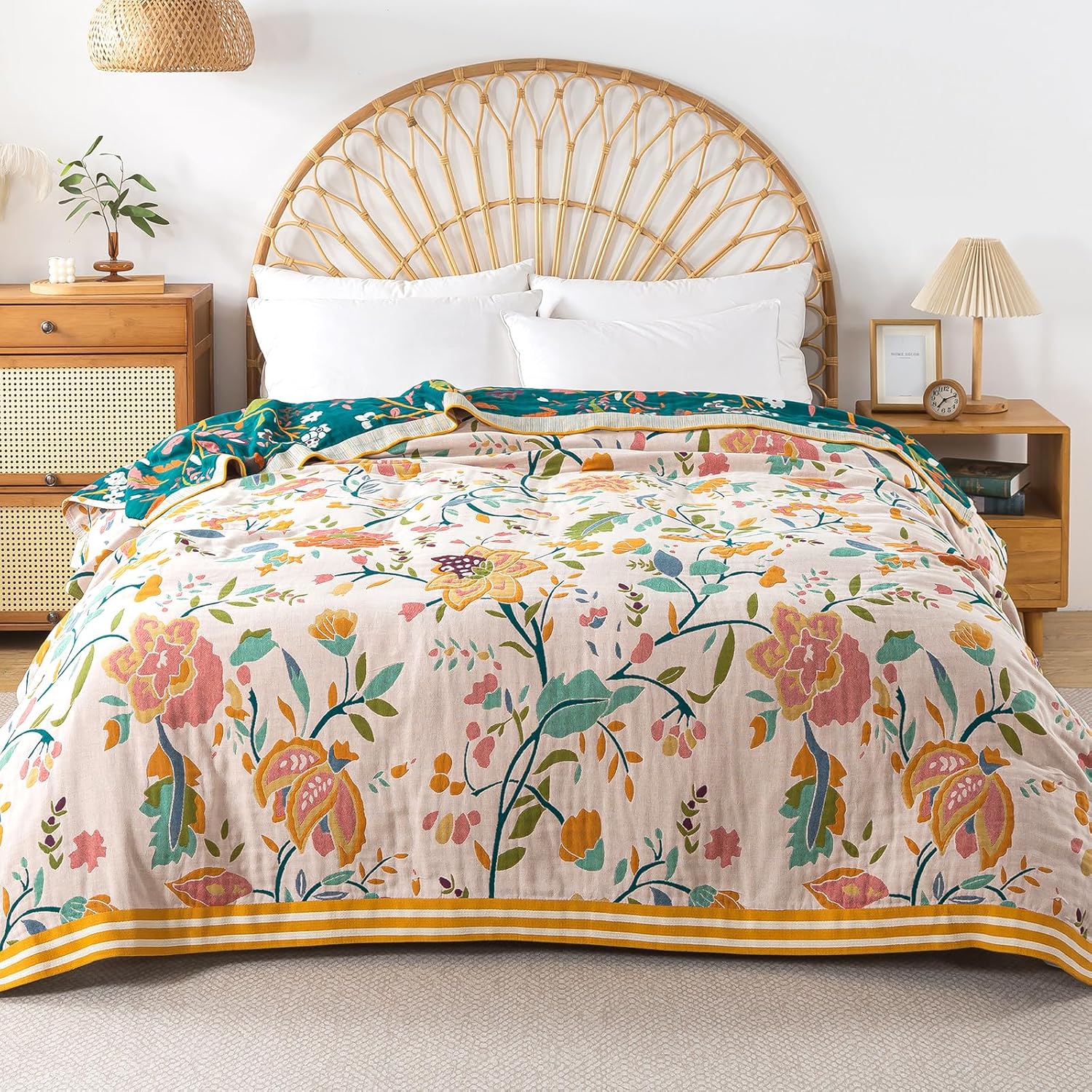 Boho Throw Blanket for Bed, 100% Pure Cotton Ultra Soft Rustic Quilt, Farmhouse Decor Bed Blankets, All Season Rustic Throw for Sofa Couch Chair(91"x 98", Boho Floral)