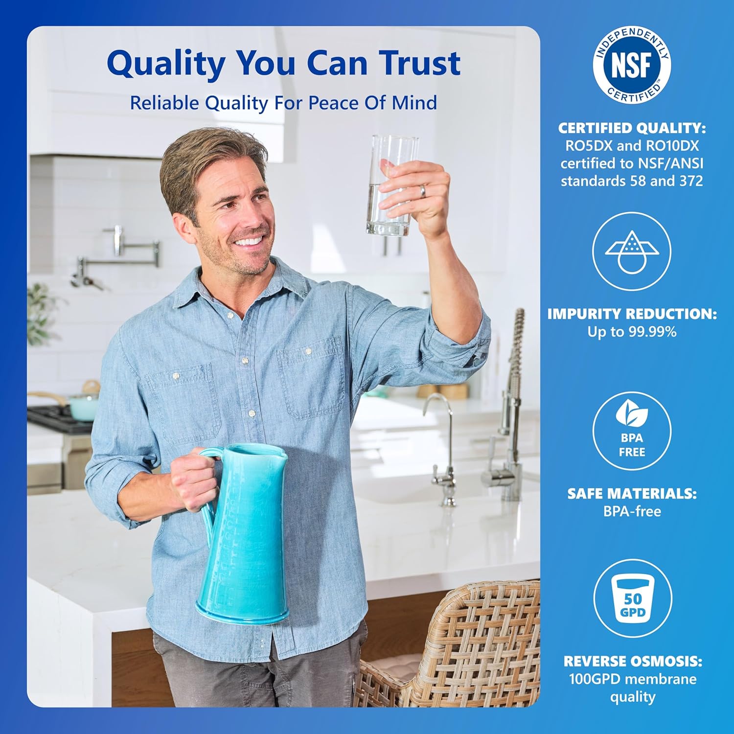 Express Water RO5DX Reverse Osmosis Filtration NSF Certified 5 Stage RO System with Faucet and Tank – Under Sink Water Plus 4 Filters – 50 GPD, 14 x 17 x 5, White