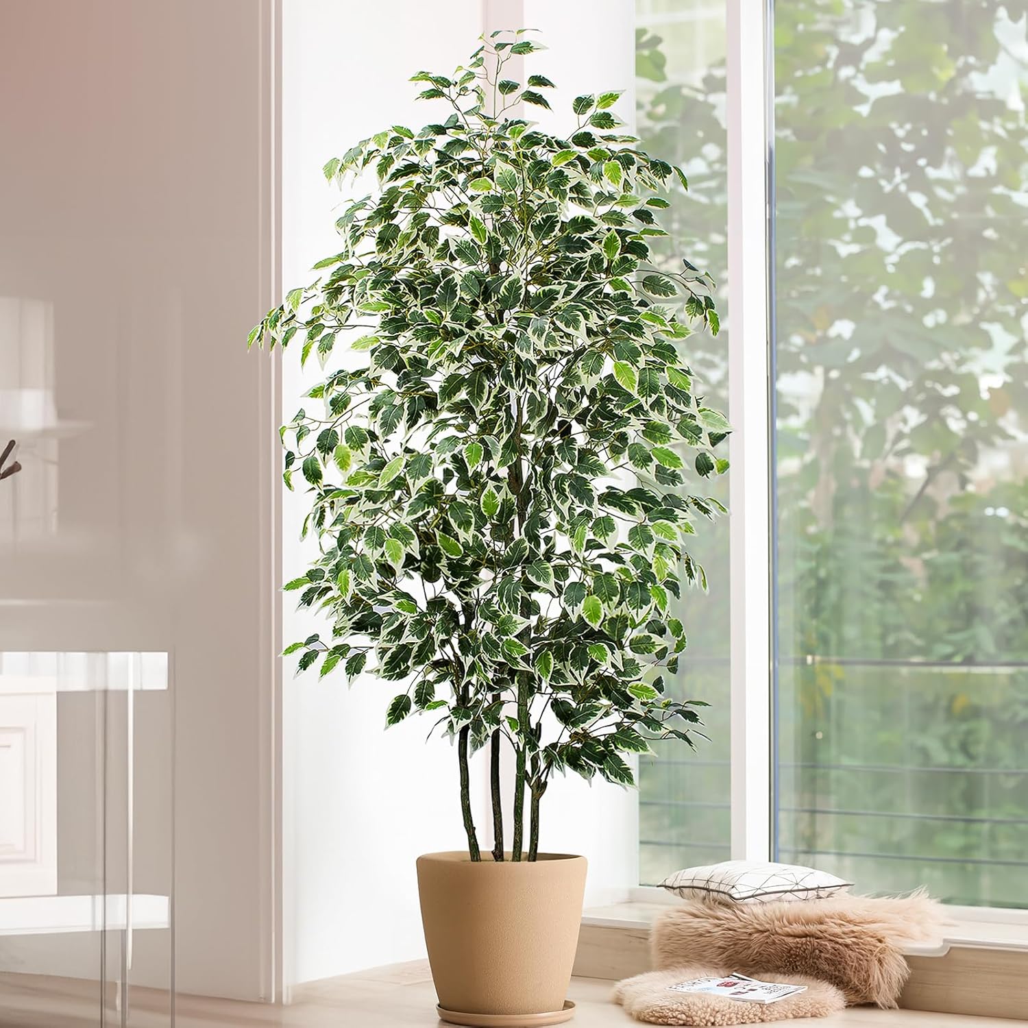 Artificial Ficus Tree，6ft Tall Silk Ficus Tree for Home Decor Indoor & Outdoor Fake Plant Suitable for Living Room,R1802PCS