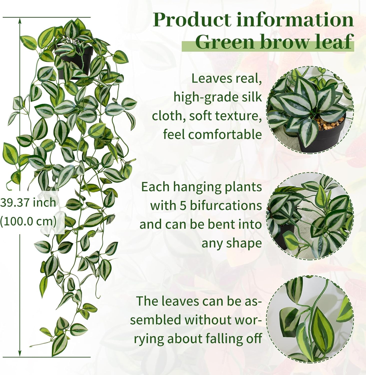 Artificial Plants Indoor Small Potted Hanging Vine plnat 39-in Long Fake Green Eyebrow Leaf Plant Faux Trailing Plant for Home Office Livingroom Desk Shelf Mantle Decoration (Black Pot)