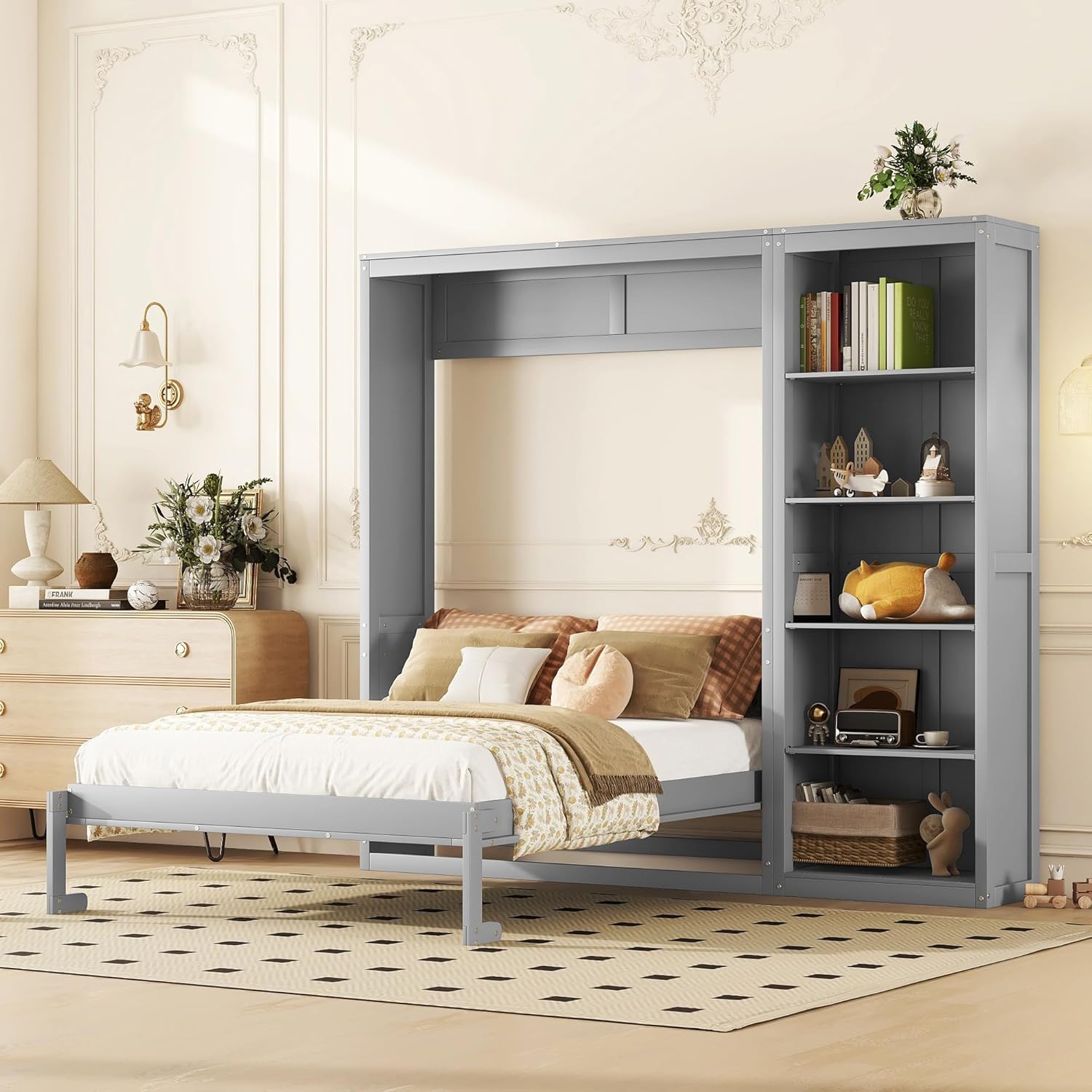 MERITLINE Queen Murphy Bed with Storage Bookcase Shelves,Wood Folding Grey Murphy Wall Bed Cabinet