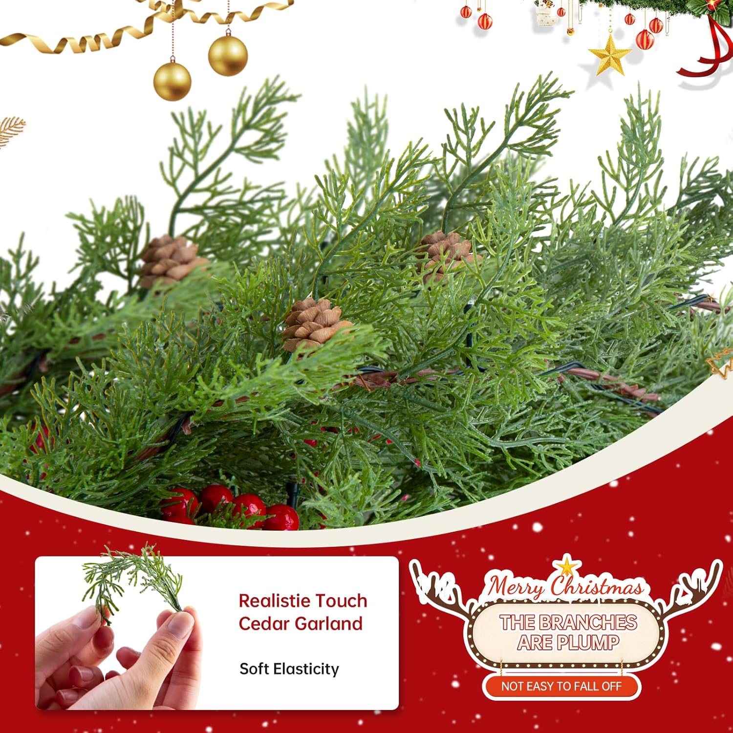 6FT Christmas Garland Faux Cypress Pine Cedar Garland with 20 LED Lights, Holiday Garland for Home, Wedding, Party Decorations