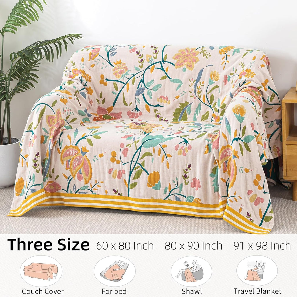 Boho Throw Blanket for Bed, 100% Pure Cotton Ultra Soft Rustic Quilt, Farmhouse Decor Bed Blankets, All Season Rustic Throw for Sofa Couch Chair(91"x 98", Boho Floral)