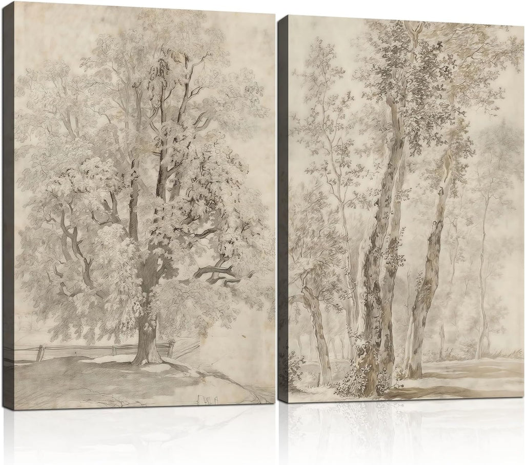 2pcs Framed Vintage Trees Canvas Landscape Sketch Wall Painting Plant Nature Picture Print Poster Rustic Nature Wabi Sabi Home Painting Bedroom Living Room Studio Decor 12x16 Inch Ready to Hang