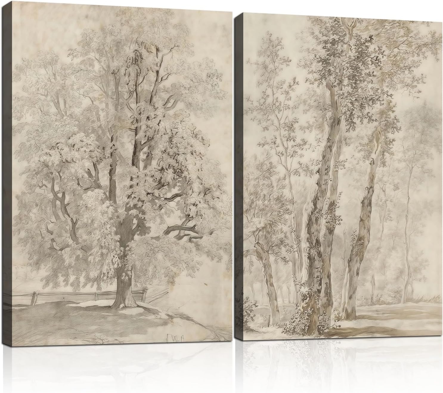 2pcs Framed Vintage Trees Canvas Landscape Sketch Wall Painting Plant Nature Picture Print Poster Rustic Nature Wabi Sabi Home Painting Bedroom Living Room Studio Decor 12x16 Inch Ready to Hang