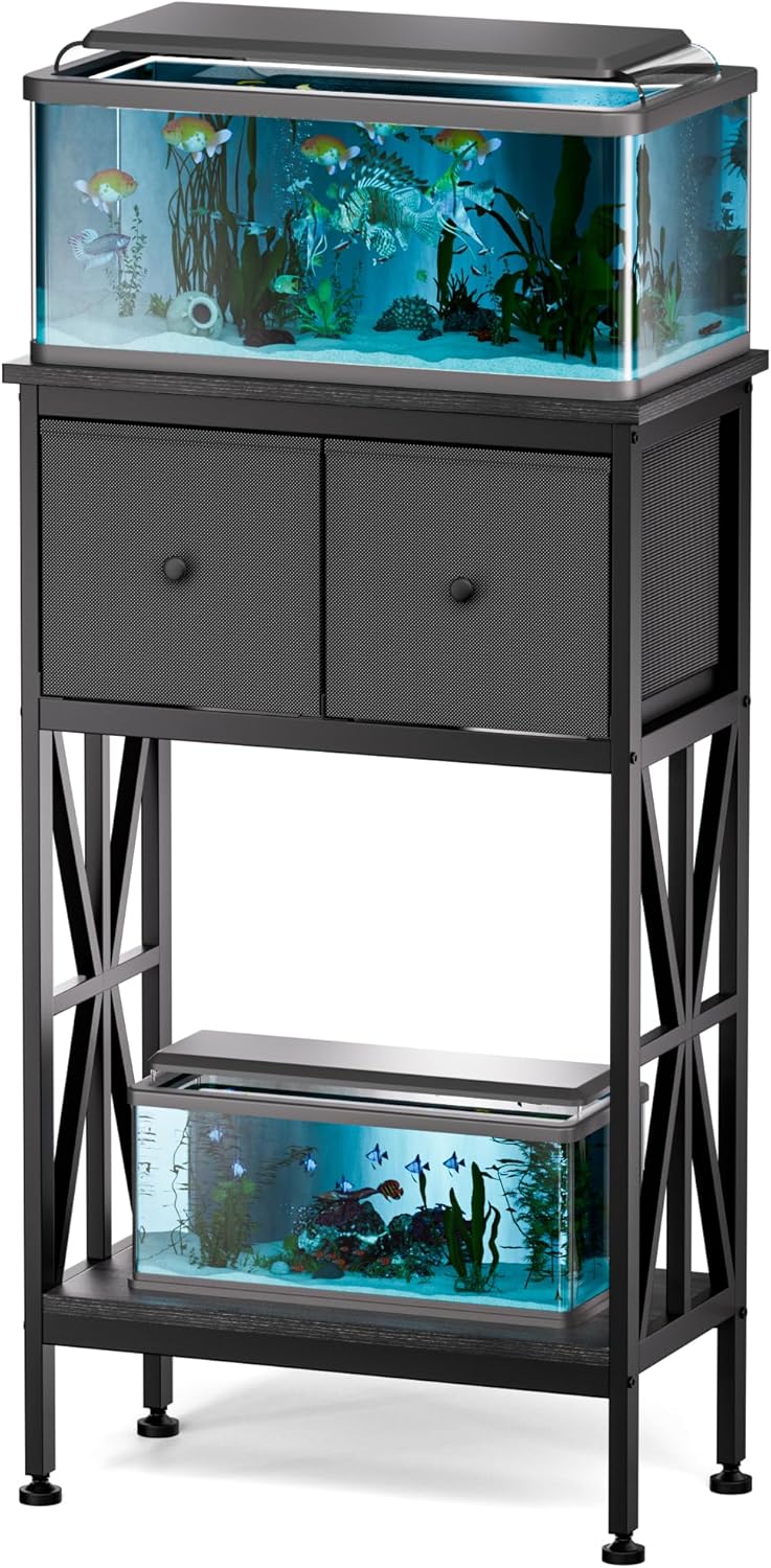 TRZZ 5-10 Gallon Fish Tank Stand, Heavy Duty Aquarium Stand with Dual-Tiered Cabinet, Accessory Storage Solution for Viewing Experience in Home & Office (20.47" L * 11.02" W), Black