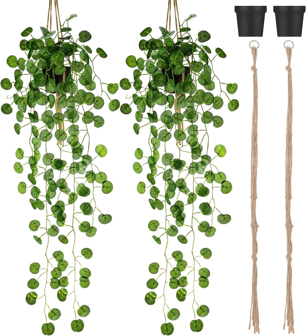 Folmywy 2 Pack Artificial Hanging Plants Vines with Pot Fake Greenery Potted Plant Eucalyptus Leaves Decoration for Indoor Outdoor Wall House Room Patio Bookshelf Office Party Decor