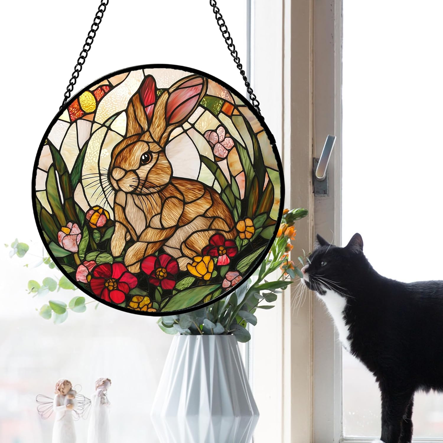 Stained Glass Window Hanging, Cute Bunny Flowers Sun Catcher for Window Door Home Decor, Rabbit Suncatcher Christmas Mother's Day Birthday Gifts for Women Men Mom and Nana 6.3 in