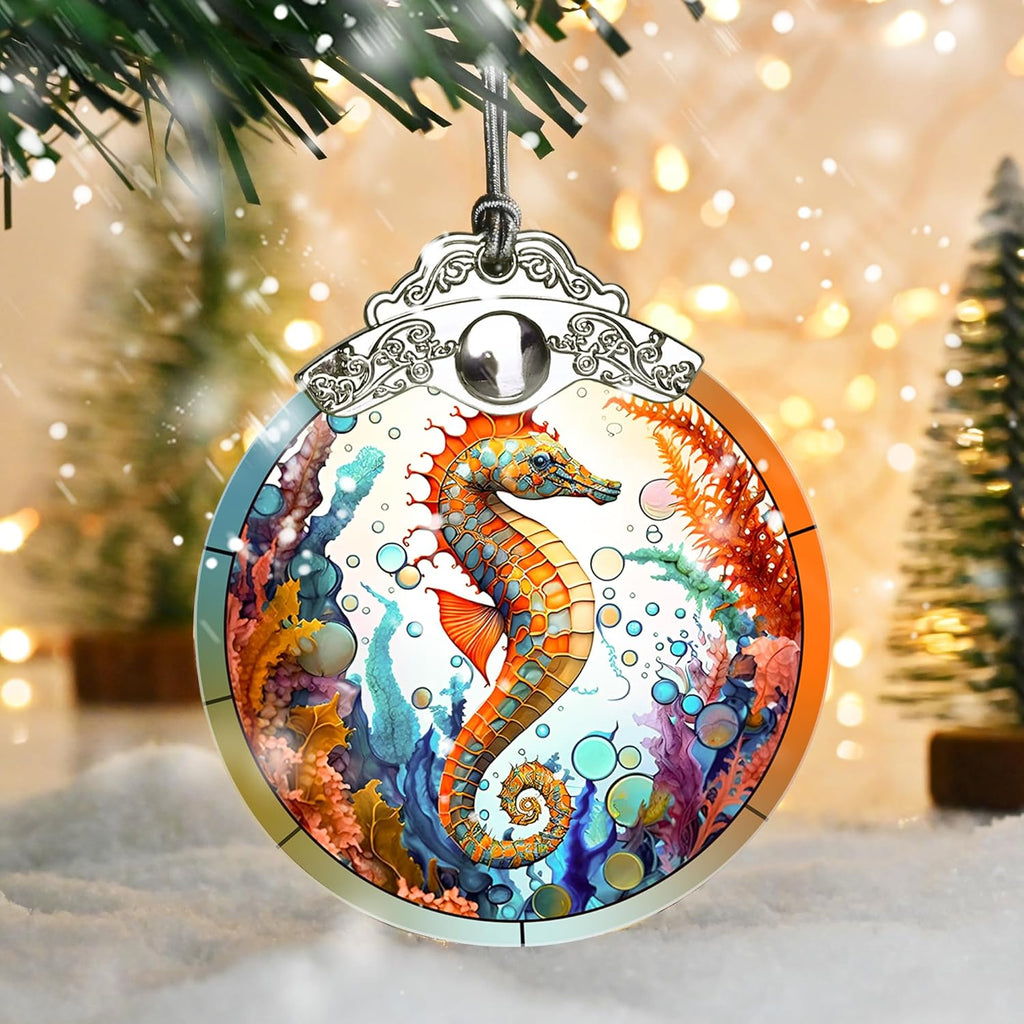 Stained Glass Christmas Ornament, Jocidea Seahorse Christmas Decorations, Christmas Tree Ornament, Seahorse Lovers Gifts, Holiday Decor and Xmas Gifts Ideas