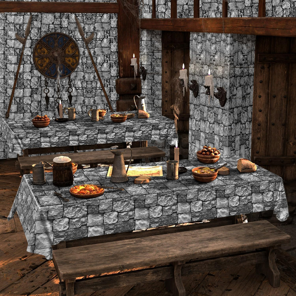 Medieval Brick Stone Wall Tablecloth Roll with Cutter Box Disposable Plastic Table Covers Castle Backdrop Grey Antique Background Knight Themed for Birthday Halloween Party (120 feet)