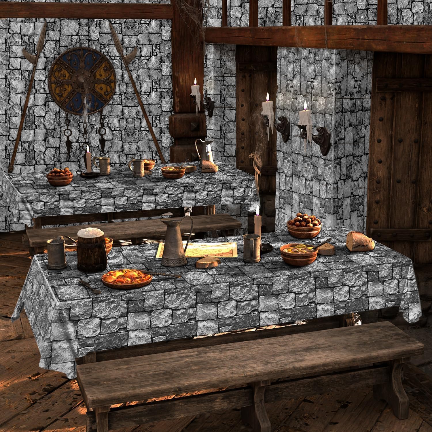 Medieval Brick Stone Wall Tablecloth Roll with Cutter Box Disposable Plastic Table Covers Castle Backdrop Grey Antique Background Knight Themed for Birthday Halloween Party (120 feet)